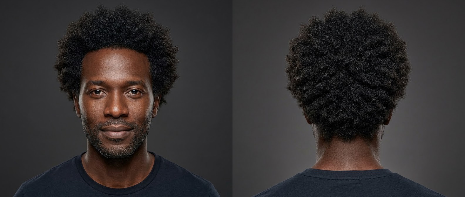 Schwarzer Mann im Alter von 35–45 Jahren mit Stoppelbart und klassischem mittellangem Afro mit definierten Typ-3-Locken.