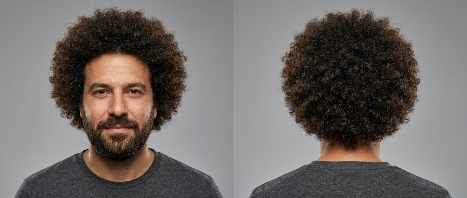 Front and back view of a Caucasian man in his late 30s with a thick, rounded Type 3 curly afro and a well-groomed dark brown beard.