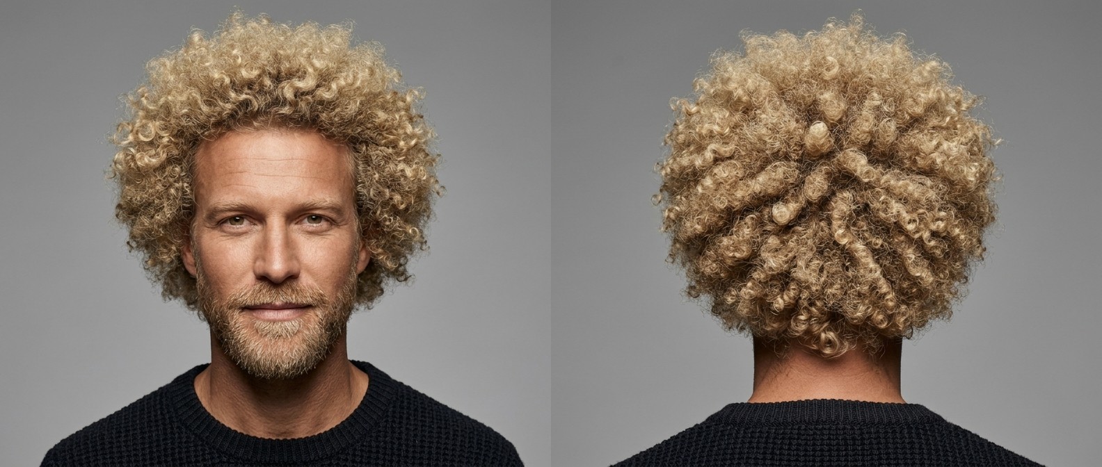 Front and back studio view of a 45-year-old Caucasian man showcasing a voluminous, beautifully defined blonde Type 4 afro paired with a short beard.