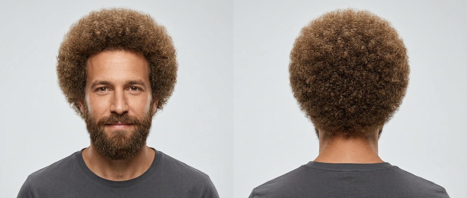 Front and back view of a Caucasian man with a perfectly rounded, light brown afro hairstyle and a full groomed beard.