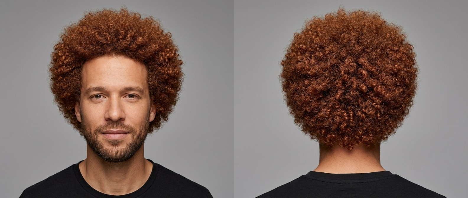 Front and back view of a man with a voluminous copper-red curly afro hairstyle and a neatly trimmed short beard against a neutral grey studio background.
