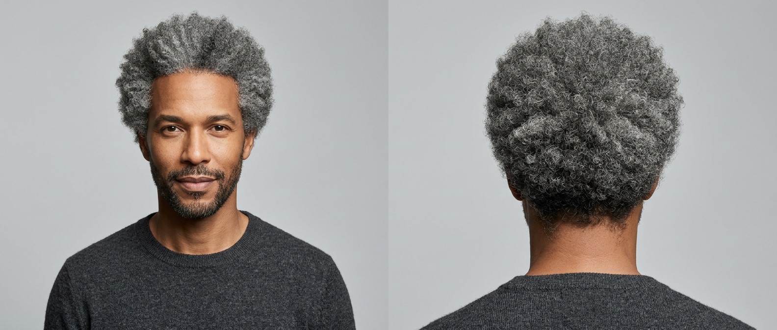 Mature light-skinned Black man with a voluminous, rounded gray afro and a short gray beard, shown from the front and back against a gray background.