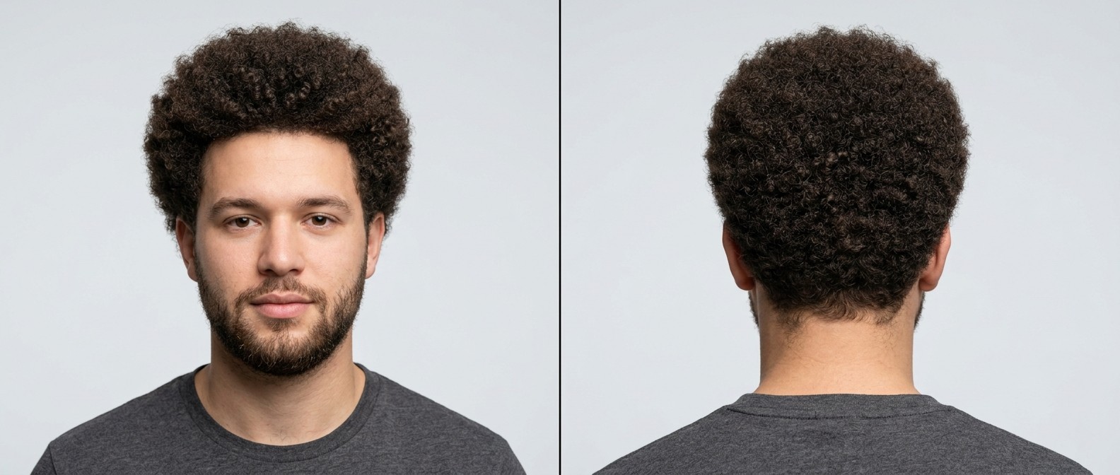 Front and back view of a young man with a classic, perfectly rounded dark brown Afro hairstyle, paired with a neat short beard.