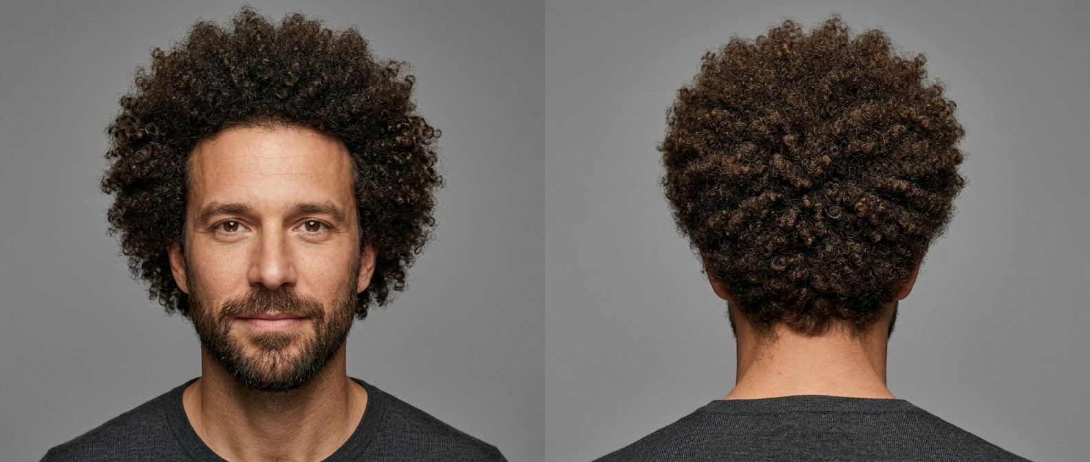 Front and back view of a Caucasian man aged 35-45 with a thick, voluminous brown halo Afro, defined tight coils, and a neatly groomed beard.