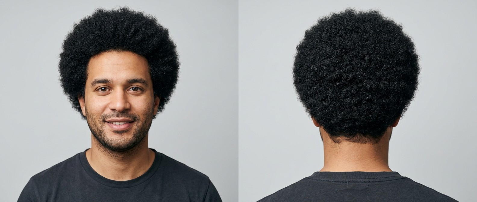 Medium-skinned man with a light stubble beard rocking a classic, rounded Type 4 Afro hairstyle with natural edges and deep coil definition.