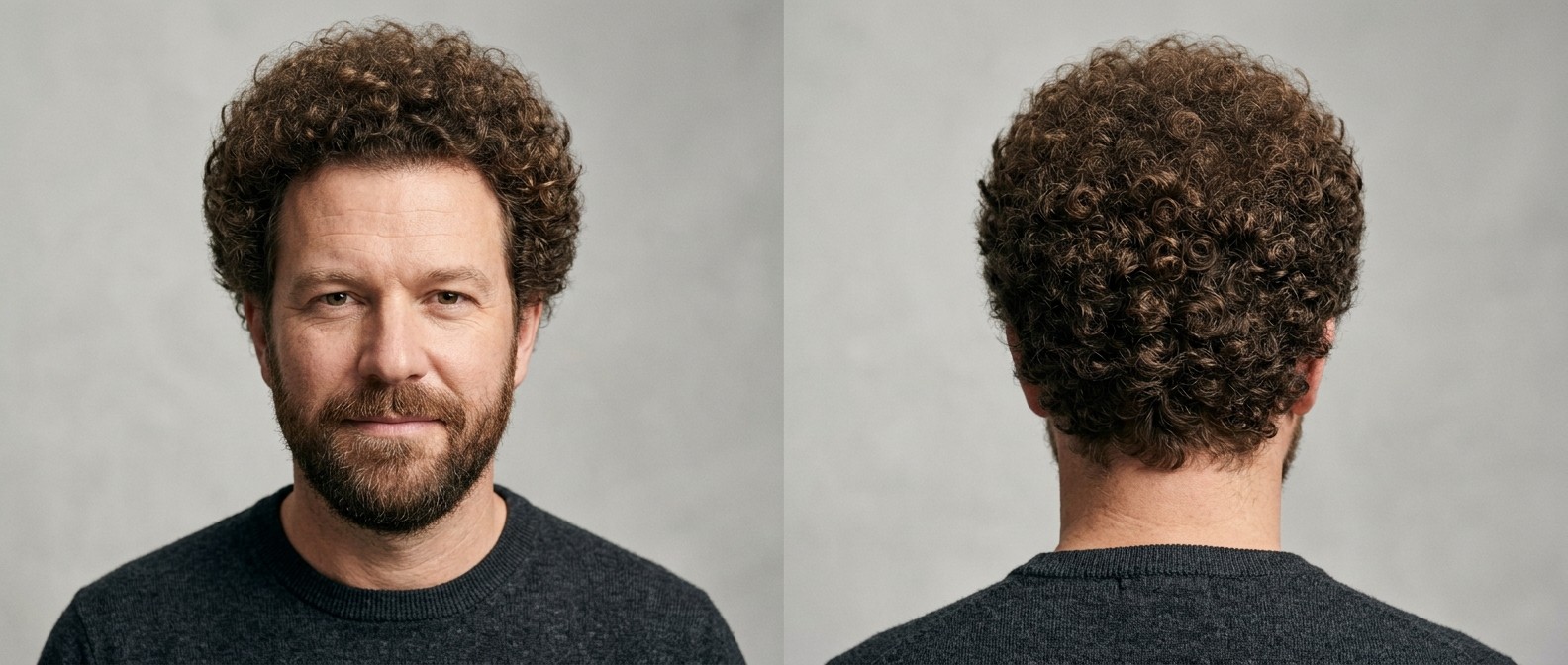Front and back view of a 45-year-old man with a voluminous, rounded curly Afro hairstyle and a neatly trimmed beard, showcasing thick Type 3 brown curls.