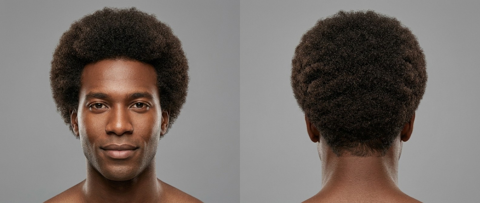 Front and back view of a Black man with dark skin wearing a classic, medium-length rounded Afro with natural edges and thick Type 4 hair.
