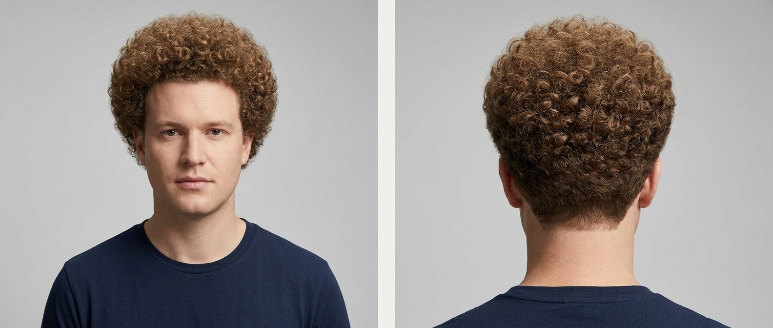 Caucasian man with light brown, Type 3 curly hair styled in a classic, perfectly rounded medium-length afro with a clean tapered nape.