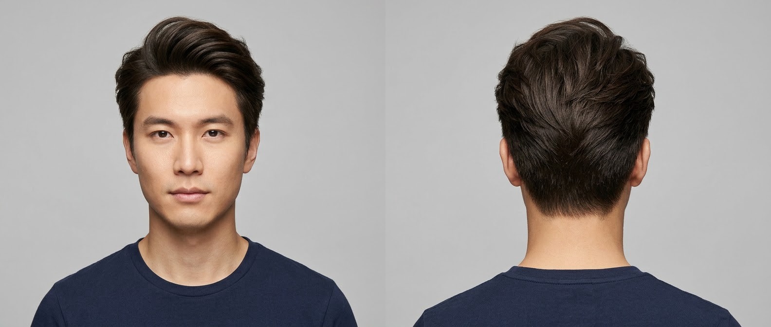 Asian man with a swept-back blowout hairstyle, featuring high volume on top, tapered sides, and a matte finish on straight dark brown hair.