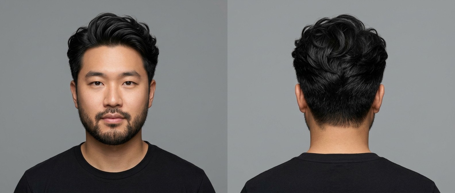 Asian man with a wavy textured blowout hairstyle, featuring medium length on top swept back with high volume, tapered sides, and a short groomed beard.