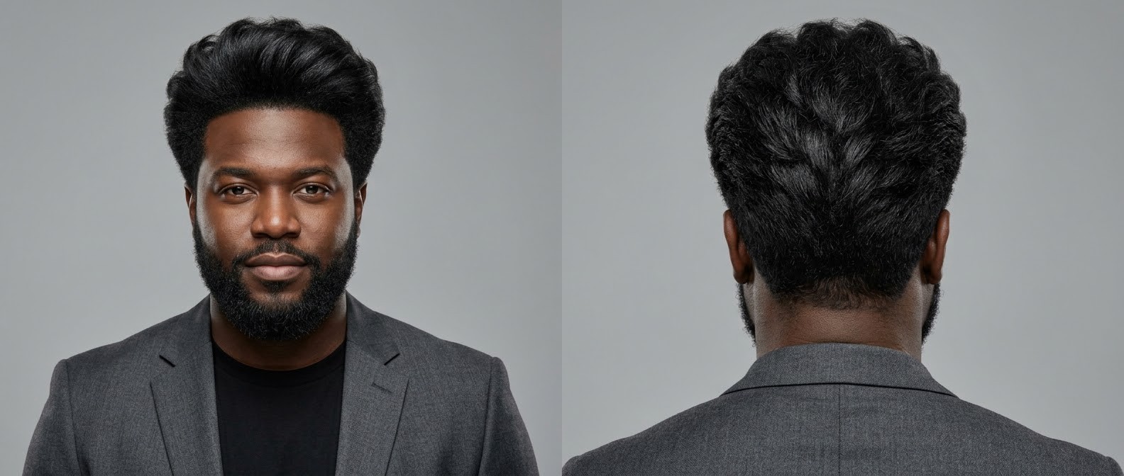 Front and back view of a Black man aged 35-45 with a thick, voluminous swept-back blowout hairstyle, tapered sides, and a well-groomed full beard.