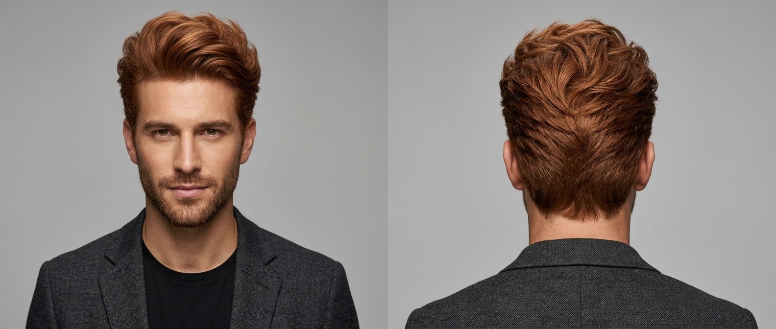 Front and back view of a man with thick red hair styled in a voluminous swept-back blowout, featuring tapered sides and a short neat beard.
