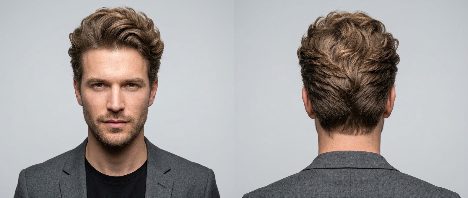 Front and back view of a man with light brown wavy hair styled in a voluminous swept-back blowout with a tapered nape and textured layers.