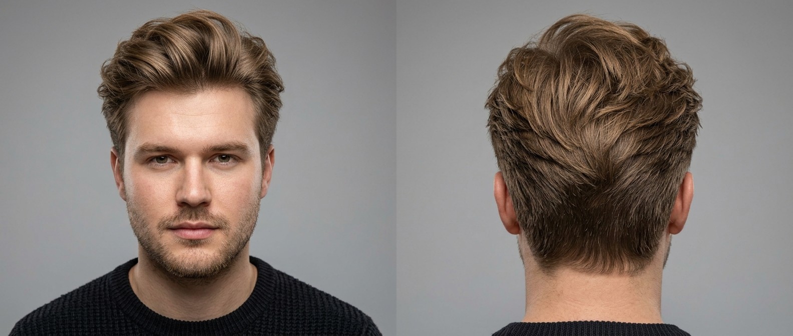 Young man with a voluminous swept-back blowout hairstyle featuring a textured medium-length top, tapered sides, and a layered V-shaped back.