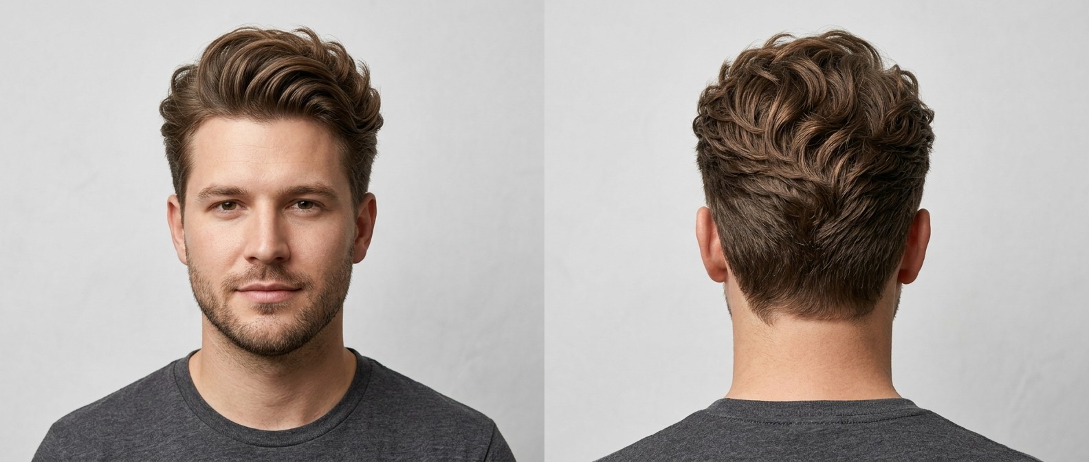 Front and back view of a man with a voluminous wavy blowout hairstyle, featuring tapered sides, medium textured top, and light facial stubble.