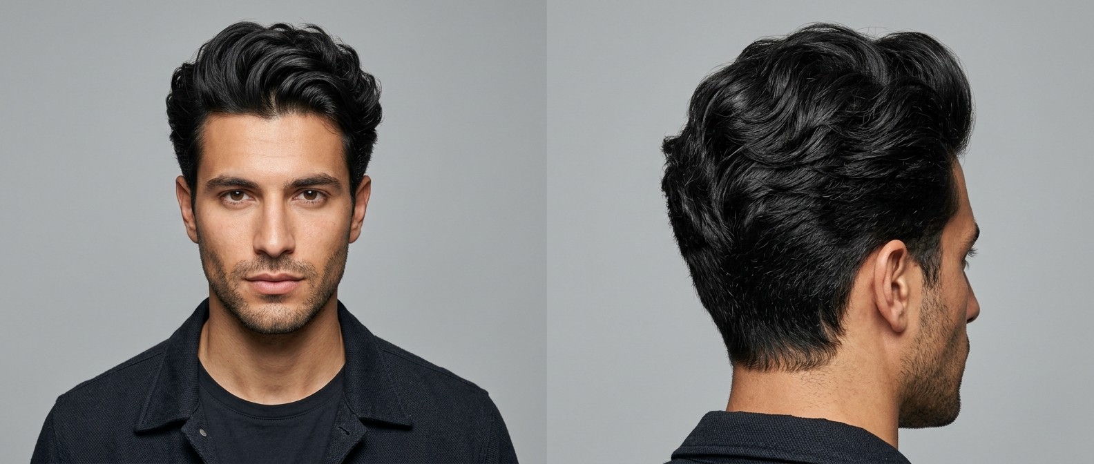 Front and side profile of a young man with olive skin and thick, black, wavy hair styled in a voluminous swept-back blowout haircut.