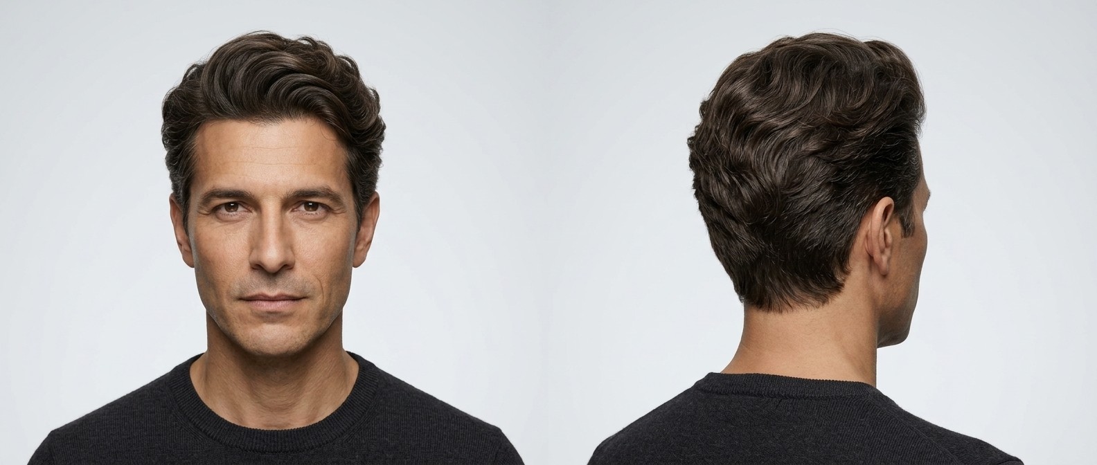 Front and back view of a mature 45+ man with olive skin and dark brown hair wearing a wavy, swept-back blowout hairstyle with tapered short sides.
