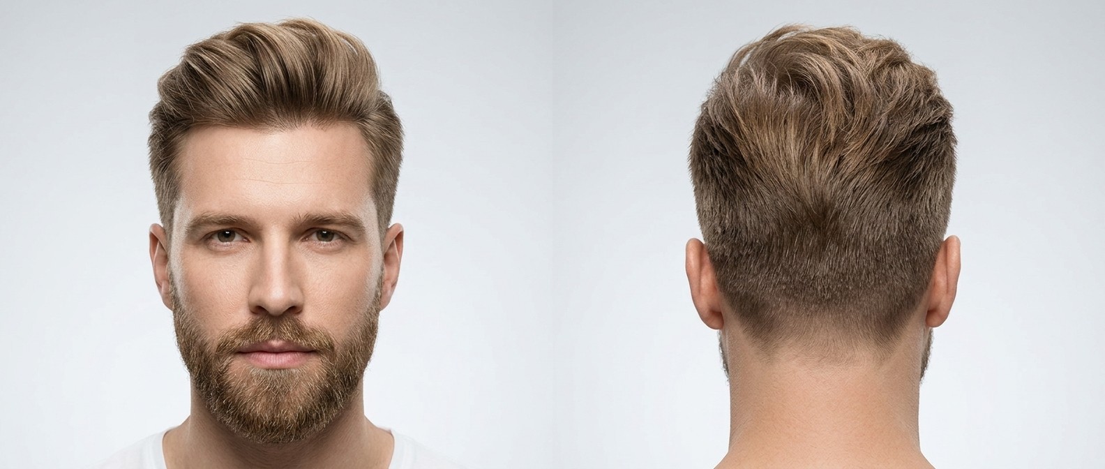 Front and back view of a man aged 35-45 with a high-volume textured blowout hairstyle, tapered short sides, and a well-groomed full beard.