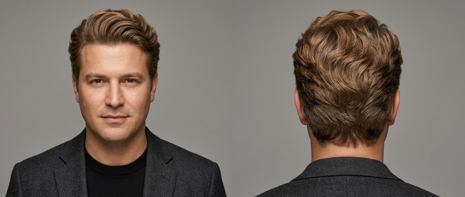 Front and back view of a man aged 35-45 with light brown, wavy hair styled in a voluminous swept-back blowout with layered texture.