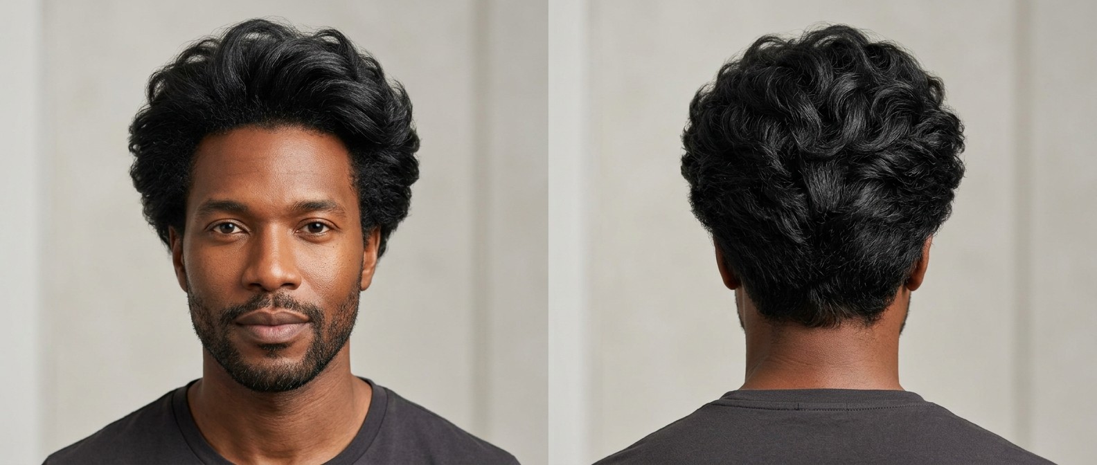 Vue avant et arrière d'un homme avec une barbe courte arborant un blowout ondulé volumineux sur cheveux foncés épais.