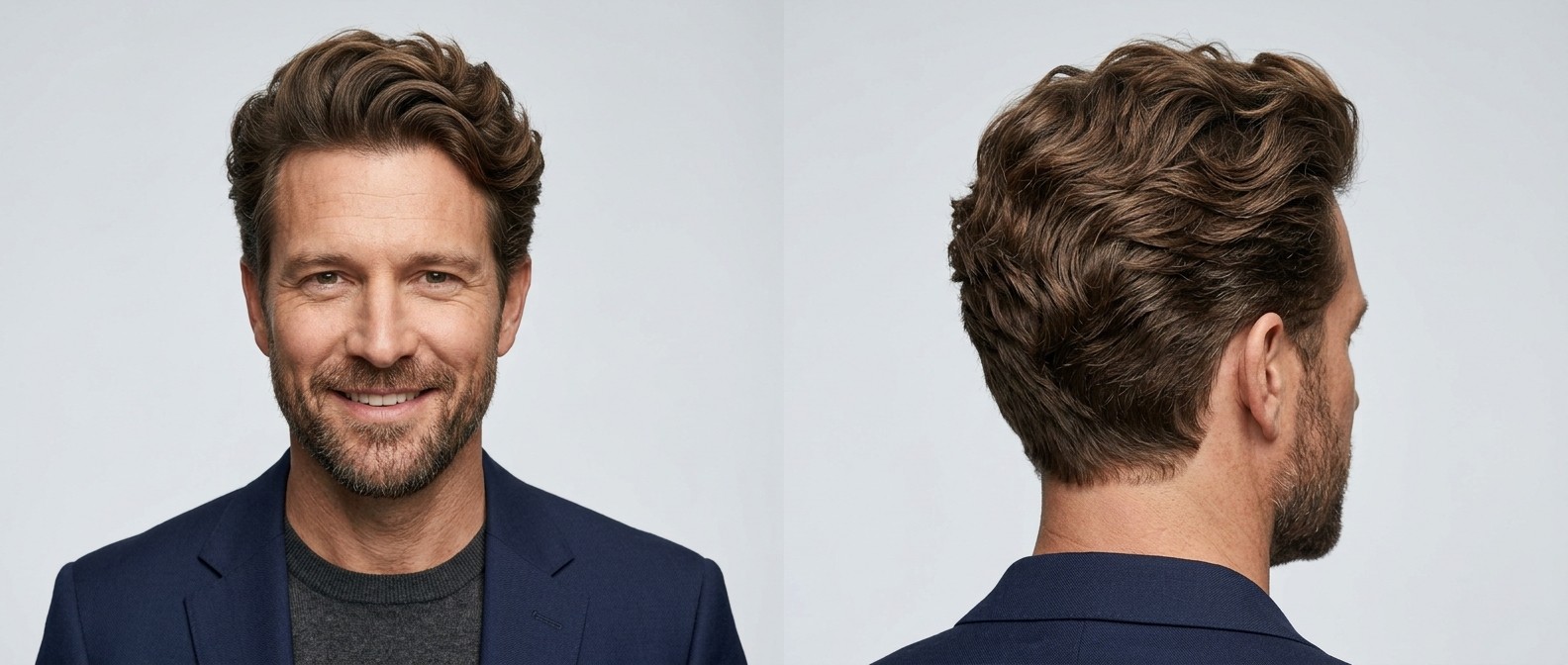 Mature man with thick, brown wavy hair styled in a voluminous swept-back blowout, featuring short scissor-cut sides and a well-groomed beard.