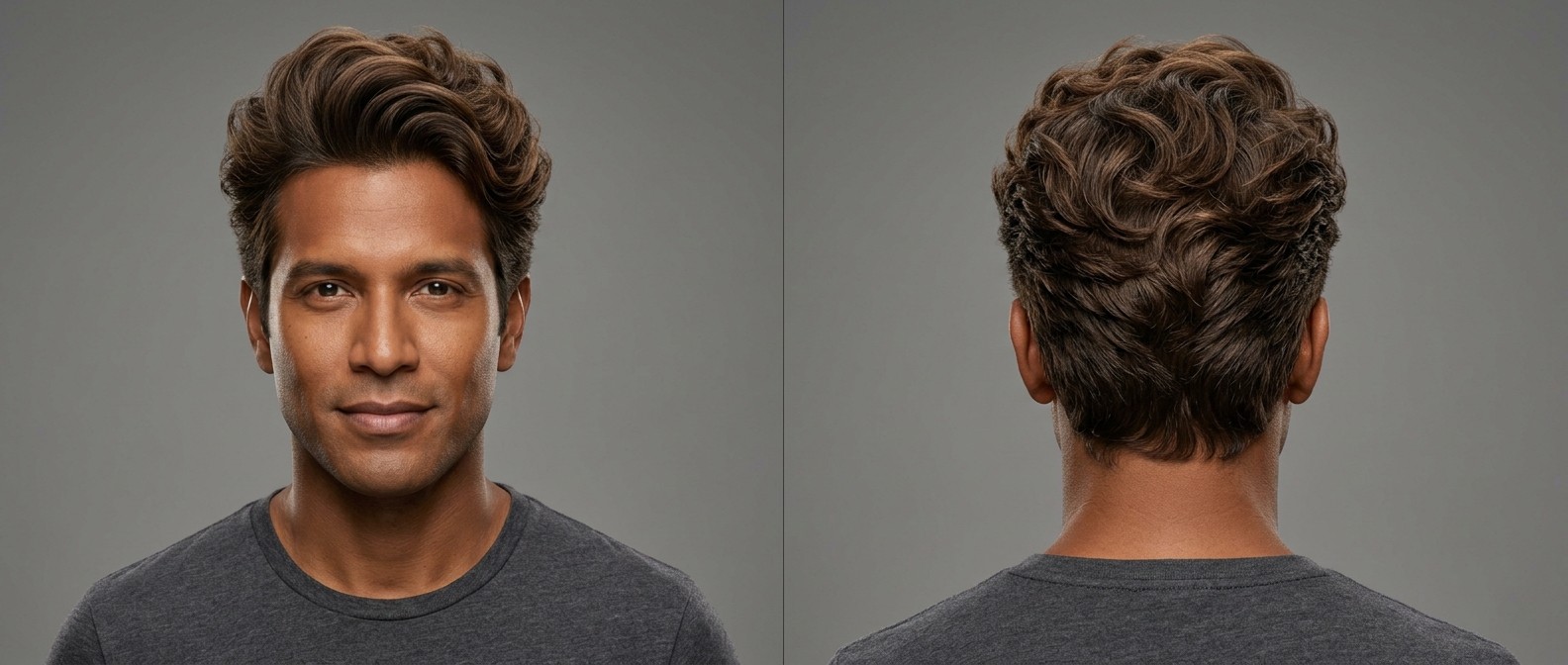 Front and back view of a Latino man aged 35-45 with thick brown hair styled in a voluminous wavy blowout with short tapered sides.