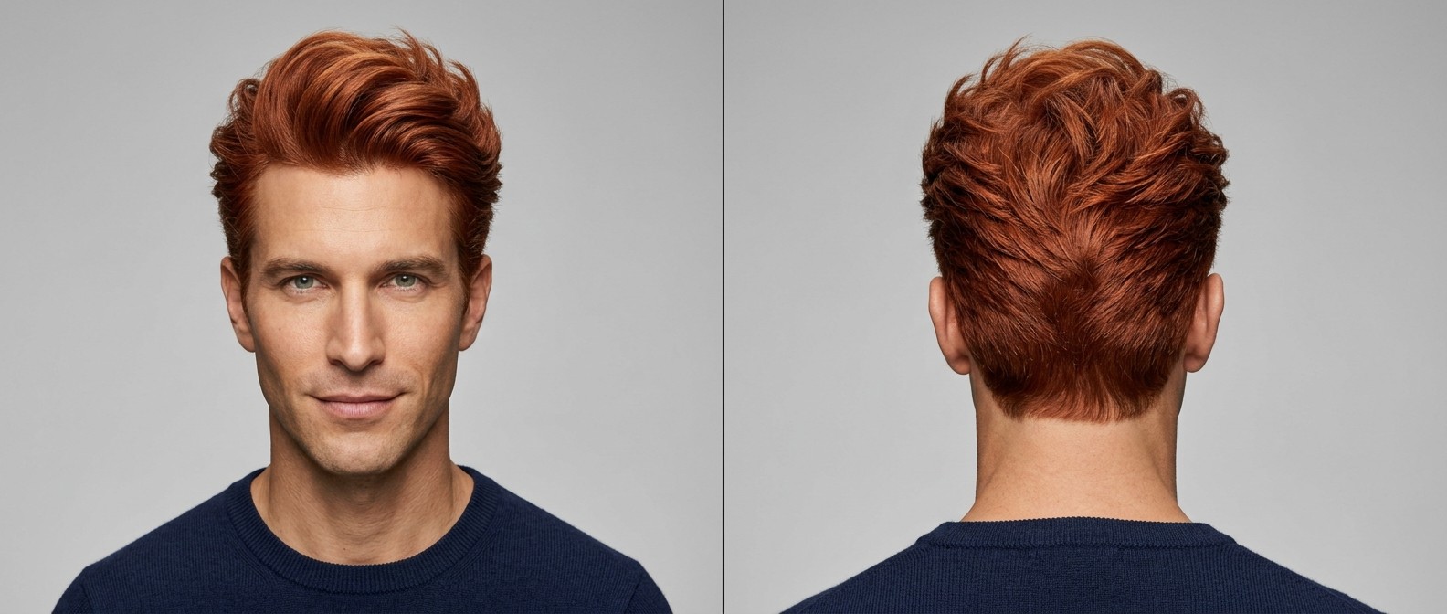 Front and back view of a Caucasian man with thick red hair modeling a voluminous, swept-back blowout hairstyle with tapered short sides and textured top.