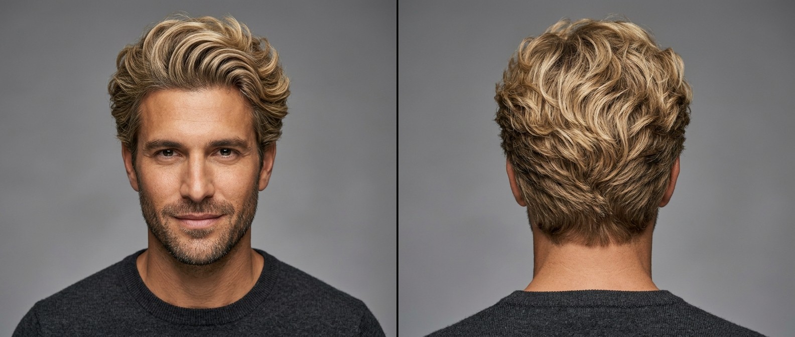 Front and back view of a blonde man with stubble rocking a voluminous swept-back wavy blowout hairstyle with layered texture.