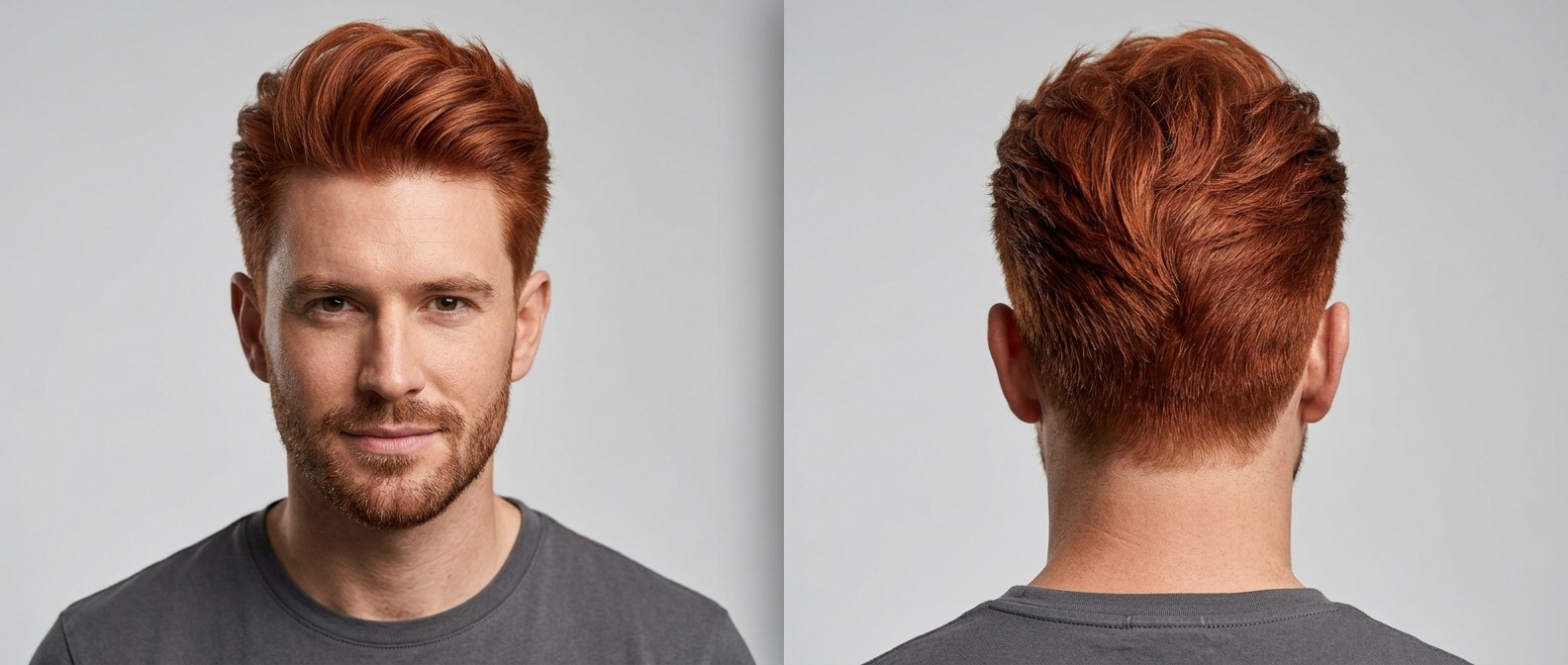 Young man with thick red hair modeling a high-volume textured blowout hairstyle, featuring tapered short sides and a swept-back medium length top.