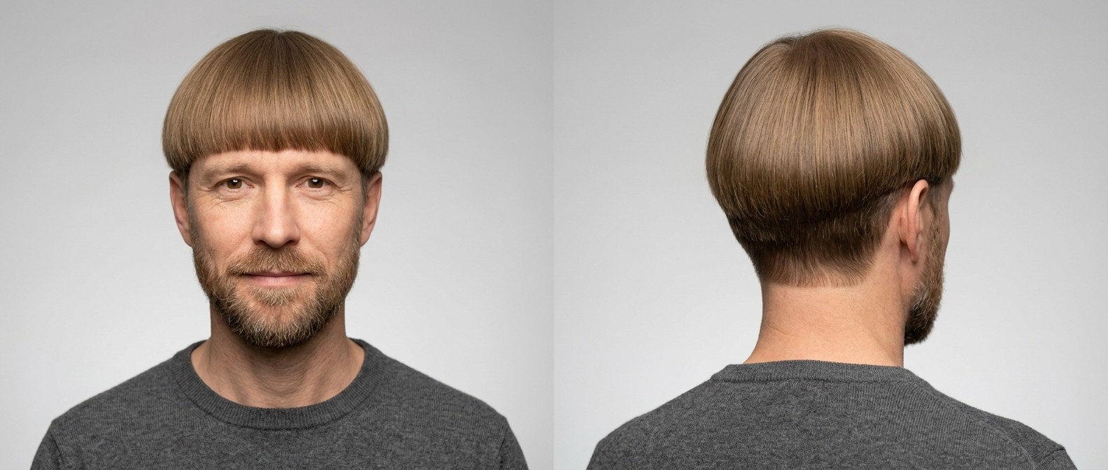 Front and back view of a mature man with a precision bowl cut, featuring a sharp blunt fringe, short disconnected undercut, and a well-groomed beard.