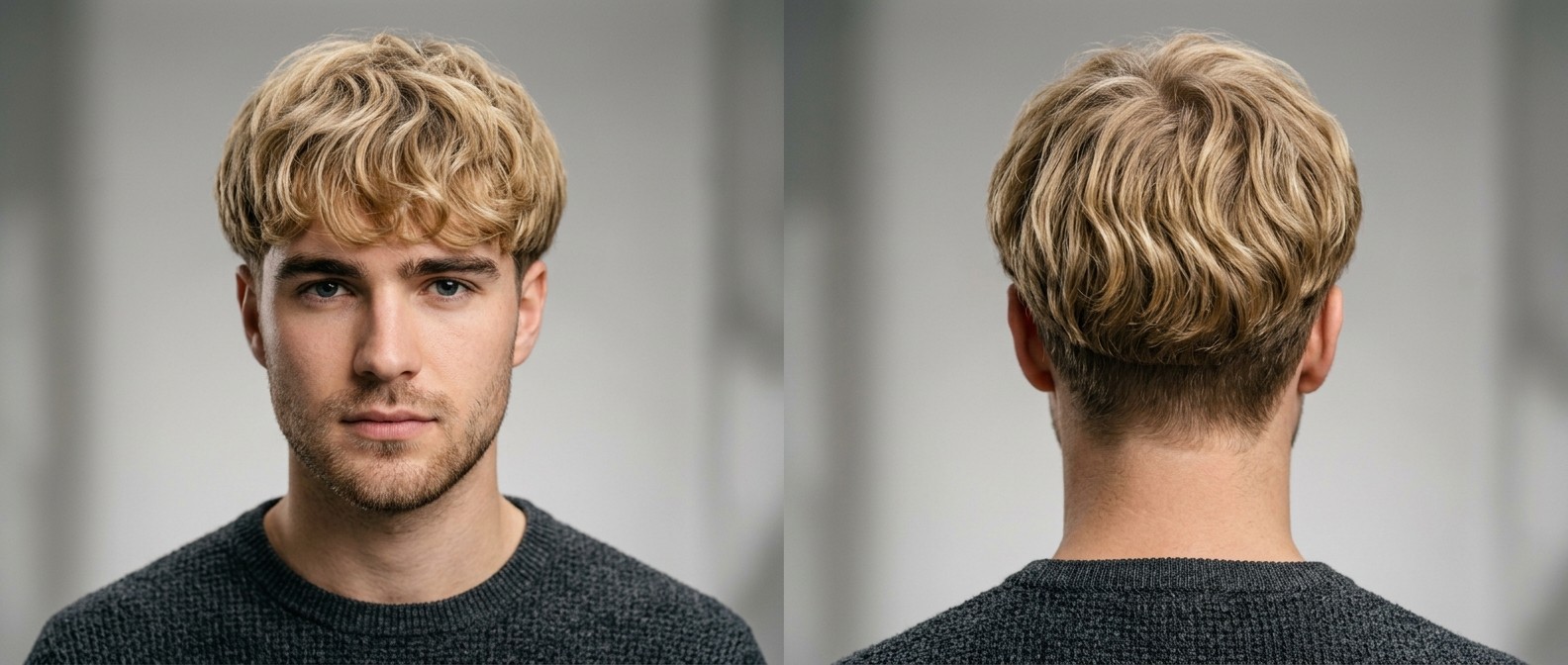 Young Caucasian man with a blonde, wavy modern bowl cut featuring a textured fringe, thick top volume, and a short tapered undercut on the sides.