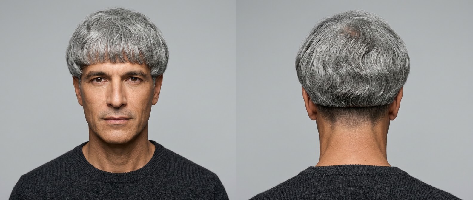 Front and back view of a mature man with striking gray hair modeling a textured wavy bowl cut featuring a blunt fringe and short undercut.