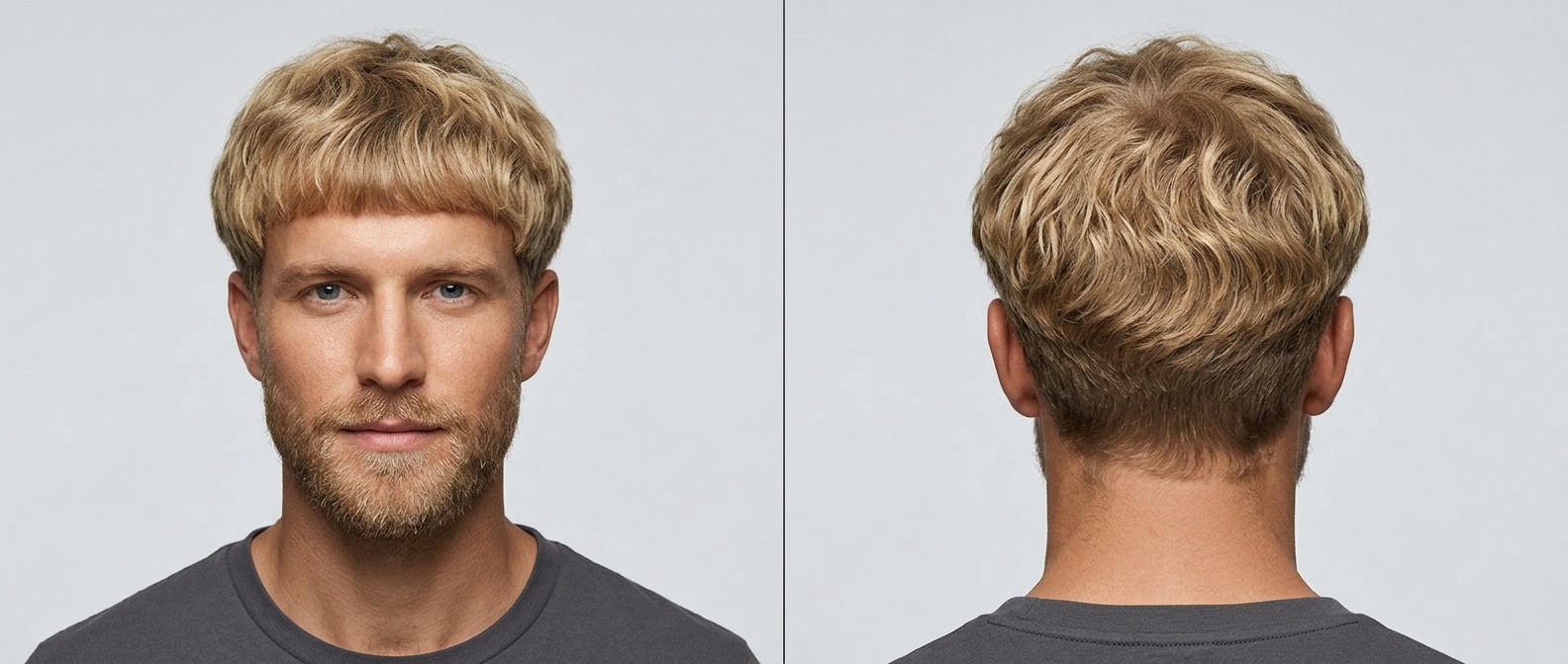 Front and back view of a blonde male model with a modern textured wavy bowl cut, short tapered sides, choppy fringe, and a short groomed beard.