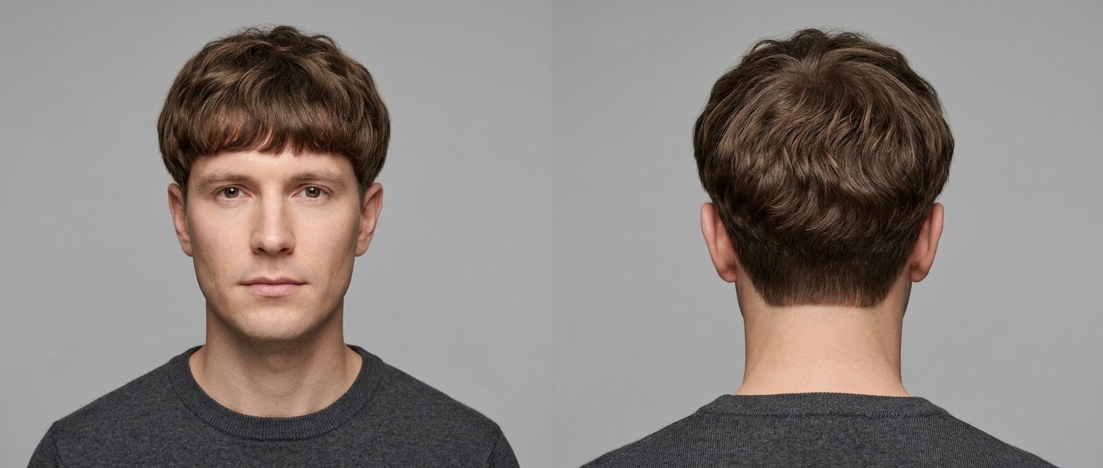 Front and back view of a young man with a modern textured bowl cut featuring a wavy brown canopy, piecey fringe, and softly tapered short sides.