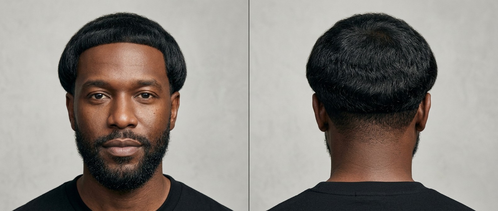 Front and back profile view of a stylish Black man in his late thirties sporting a textured wavy bowl cut with a sharp blunt fringe, disconnected short sides, and a neatly groomed beard.
