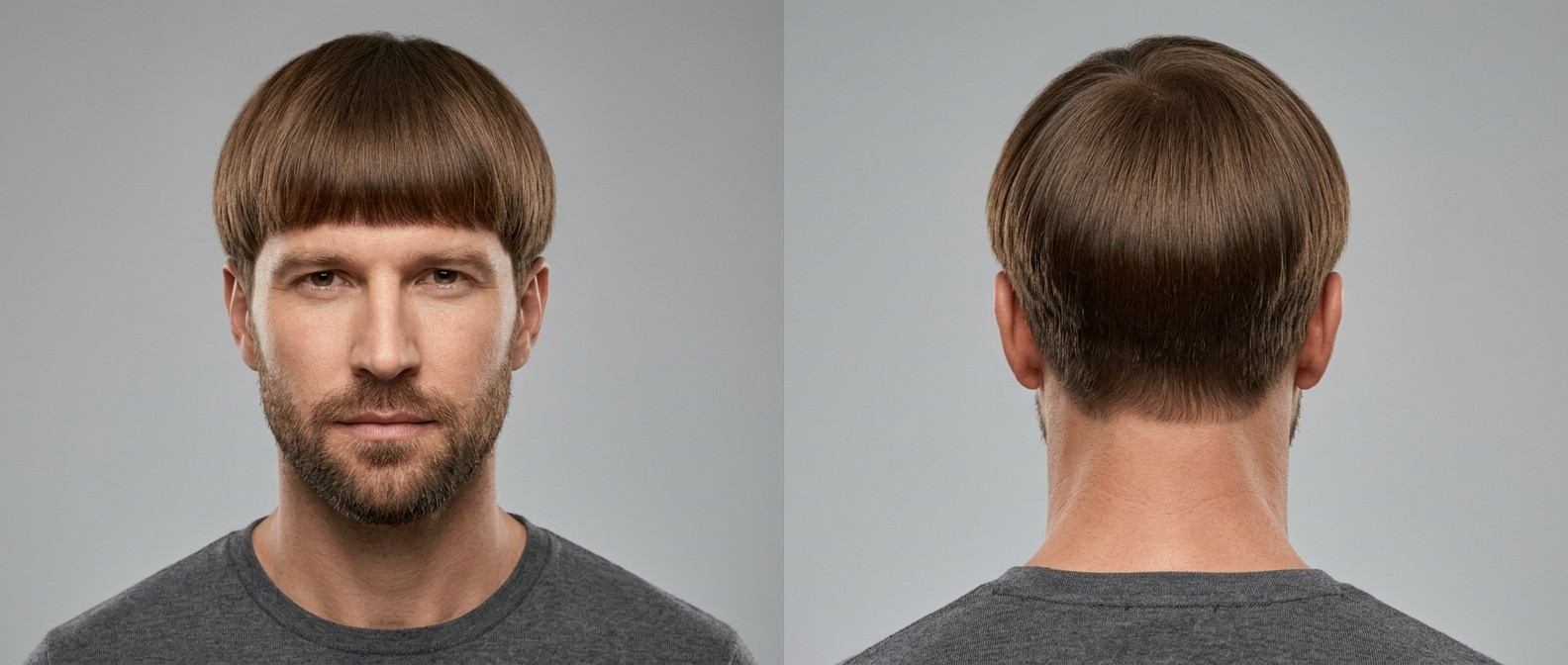 Front and back view of a mature man with a classic short brown bowl cut, featuring a blunt straight fringe and a tapered undercut.