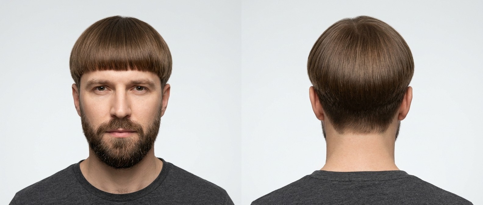 Man with a precise, classic bowl cut featuring straight brown hair, a blunt fringe, and a full beard, shown from front and back angles.