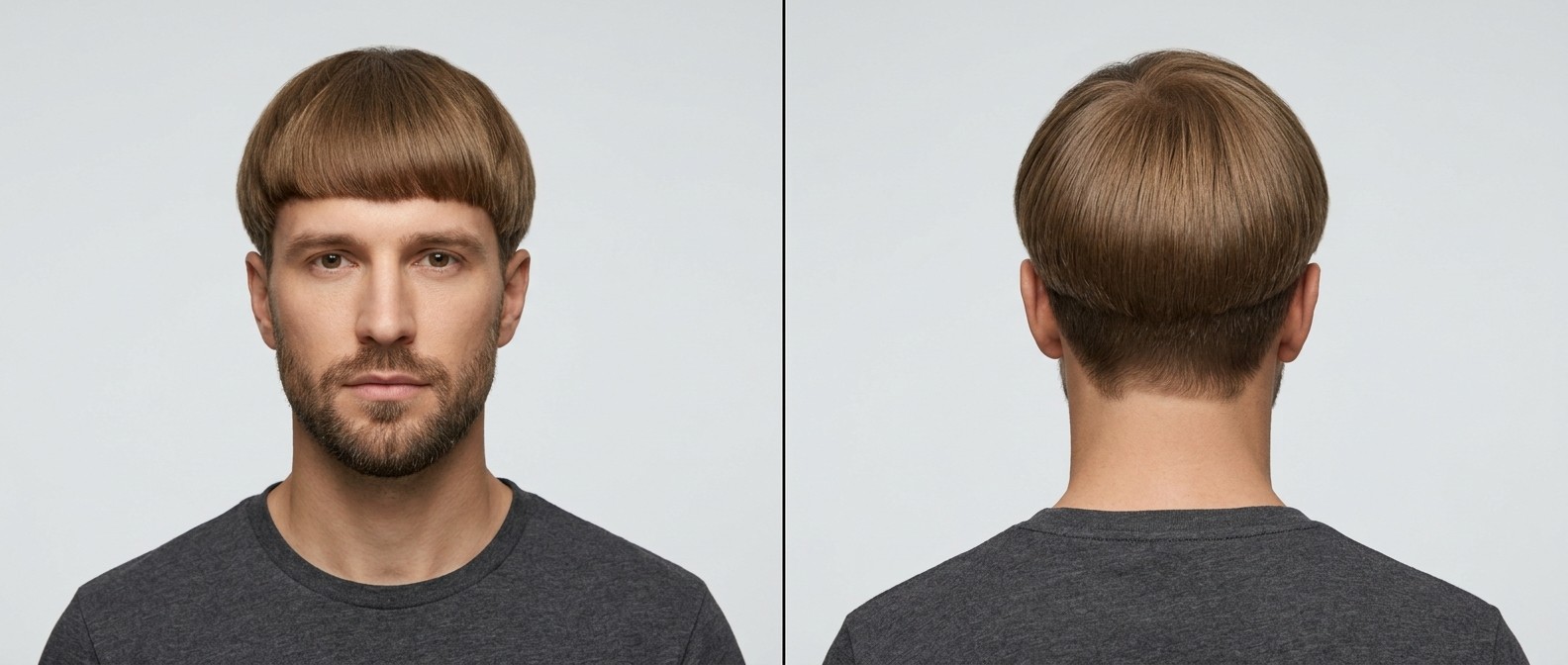 Front and back view of a Caucasian man with a modern blunt bowl cut, featuring a straight fringe, disconnected undercut, and short beard.