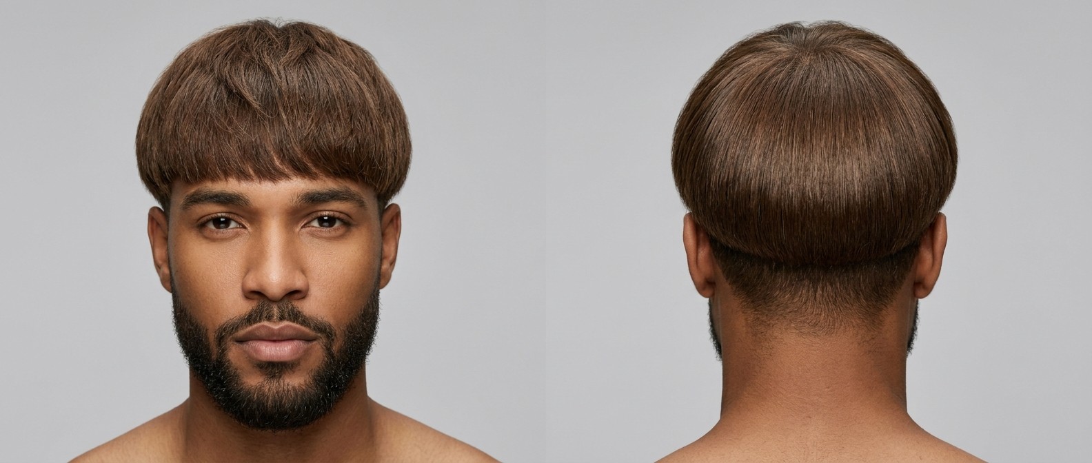 Front and back view of a man with a beard wearing a modern precision bowl cut with a blunt fringe and undercut sides on thick straight brown hair.