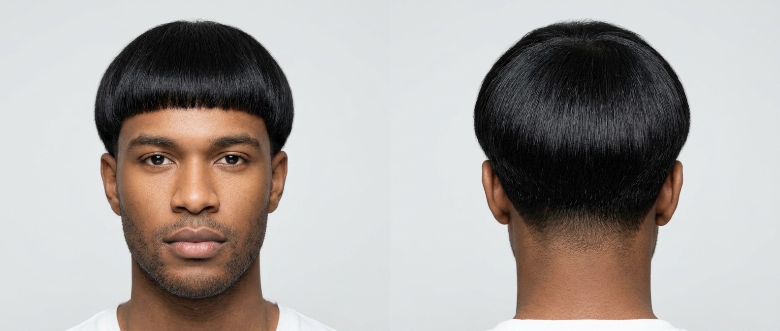 Young Black man with an ultra-smooth, precision straight bowl cut featuring a blunt fringe, glossy finish, and disconnected undercut sides.