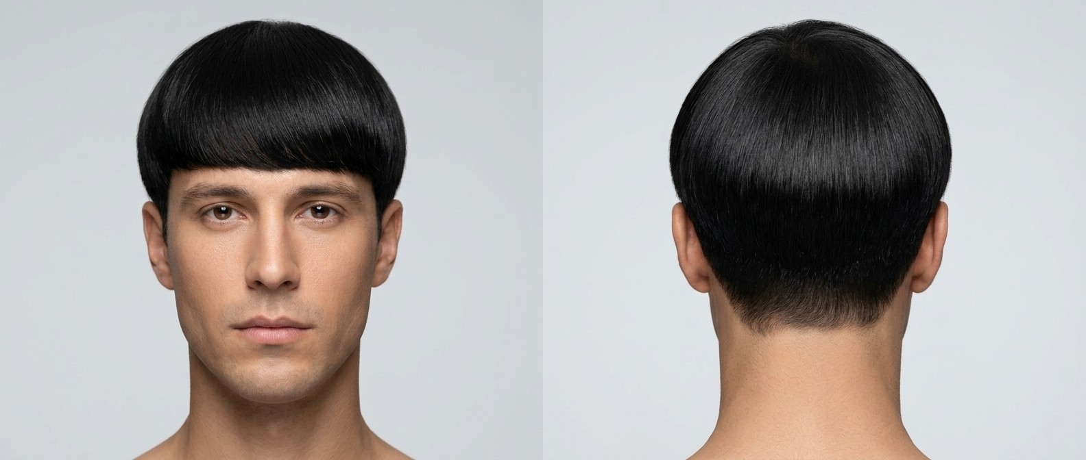 Front and back view of a man with a modern straight bowl cut, featuring a blunt mid-forehead fringe and a clean tapered undercut on black hair.