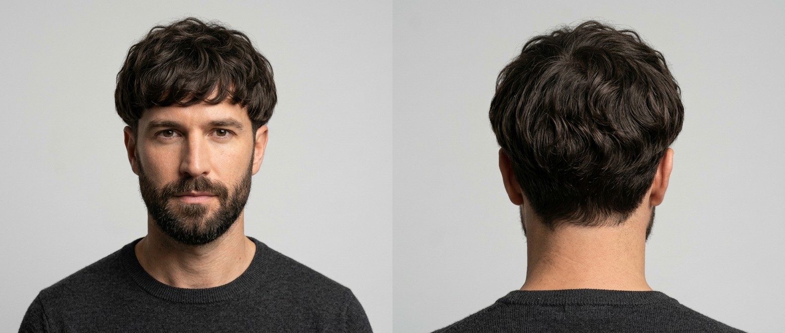 Front and back view of a man aged 35-45 with a thick, dark brown wavy bowl cut, textured fringe, tapered nape, and a neatly groomed full beard.
