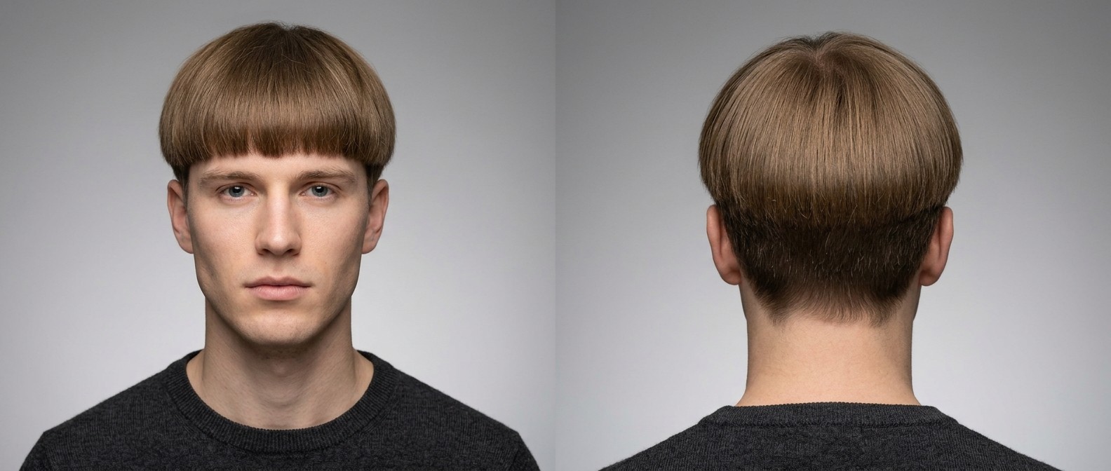 Front and back view of a young Caucasian man with light brown hair modeling a precision geometric bowl cut with a heavy fringe and soft undercut.
