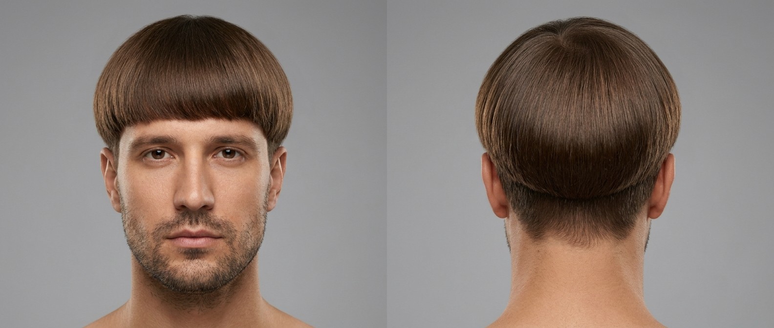 Front and back view of a man with a classic straight brown bowl cut featuring a blunt fringe, heavy weight line, and undercut sides.