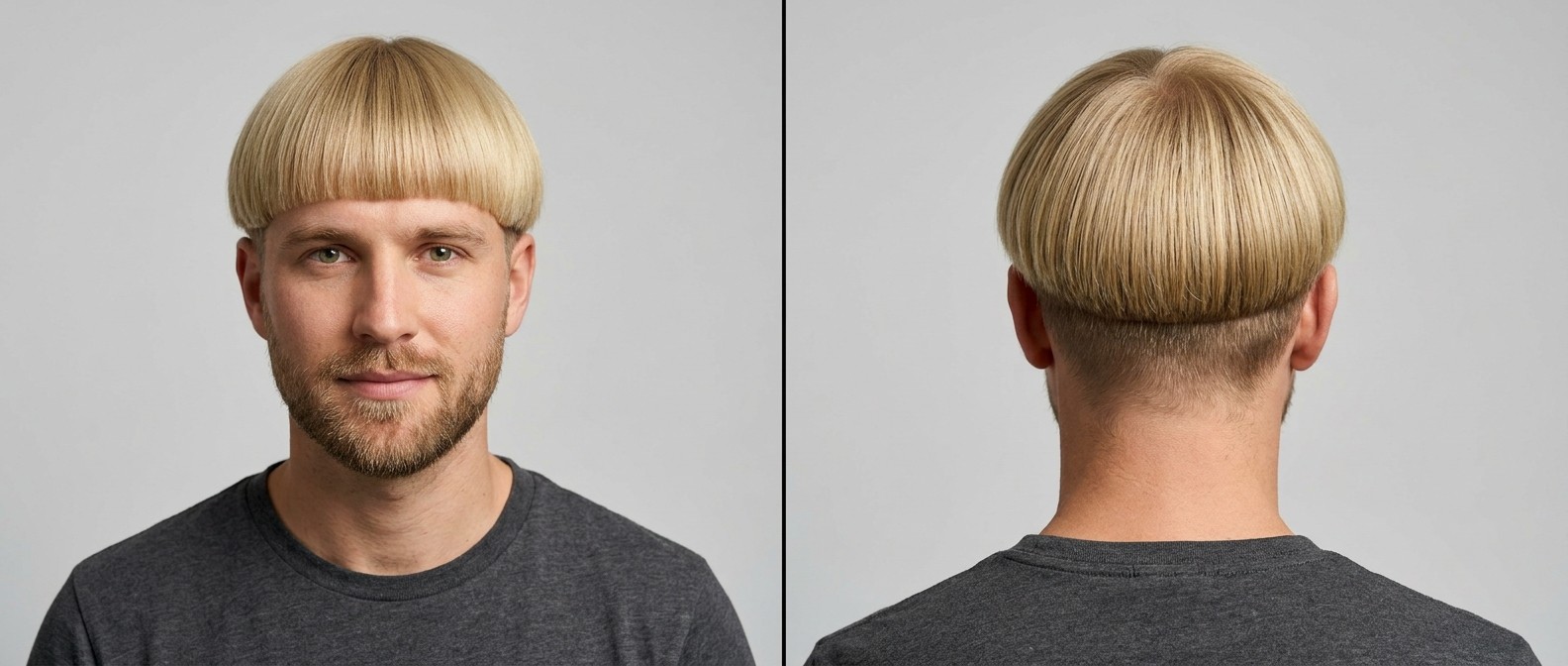 Front and back view of a man with a blonde, blunt bowl cut featuring a perfectly straight fringe and a disconnected, buzzed undercut.