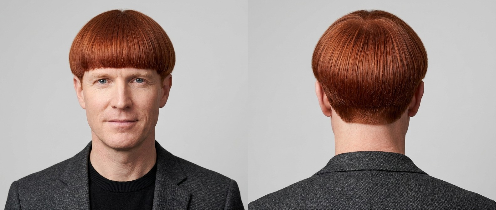 Mature man with thick, straight copper-red hair modeling a precise, geometric bowl cut featuring a blunt mid-forehead fringe and tight undercut.