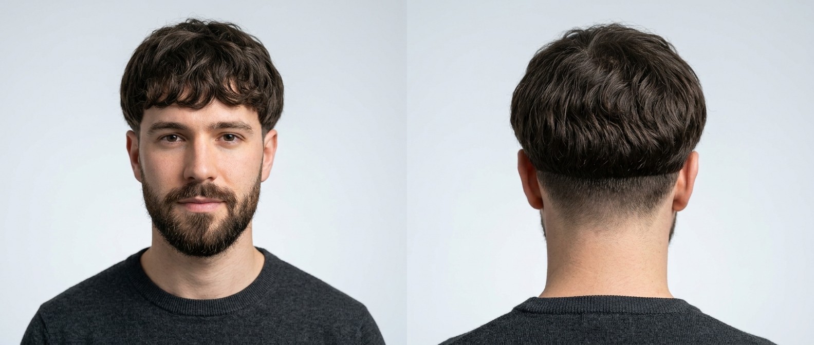 Front and back view of a young Caucasian man sporting a modern dark brown wavy bowl cut, featuring a sharp disconnected undercut, textured fringe, and a short beard.