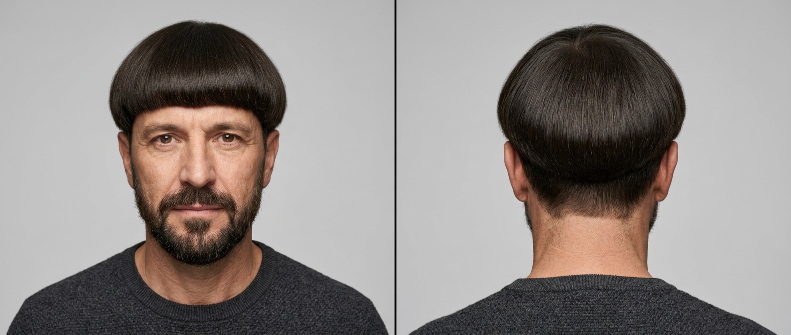 Middle-aged man modeling a precision blunt bowl cut with thick straight dark brown hair and a neatly groomed short boxed beard, against a light gray background.