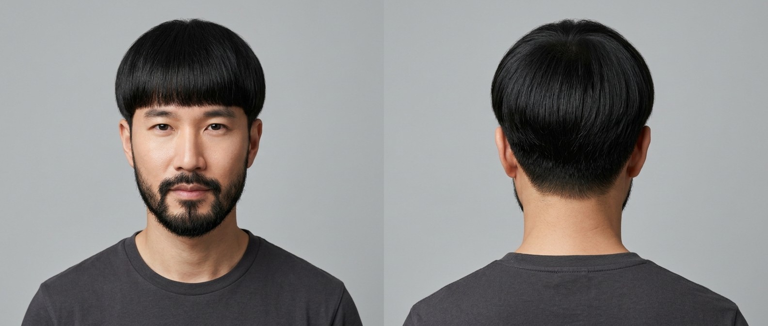 Asian man with a beard modeling a precise, straight-haired bowl cut with a blunt fringe and cleanly tapered nape against a studio gray background.