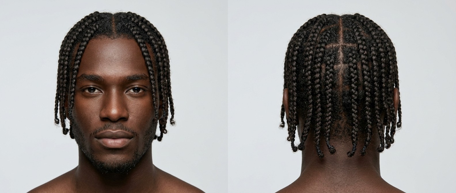Vista frontal e traseira de um jovem negro com cabelo castanho escuro grosso em box braids médias, com divisão central precisa e grade quadrada.